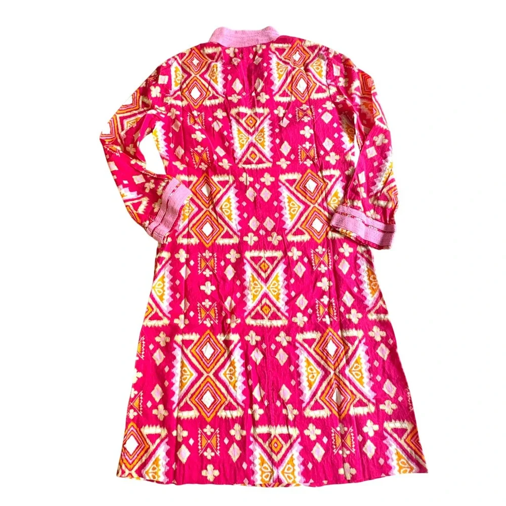 $349‎ TORY BURCH 0/XS Pink Ikat Geometric Cotton Tunic Dress Long Sleeve Resort